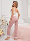 Buy SHEIN Women's Solid Color Lace Cami Top With Color Block Lace Patchwork Pants Pajama Set Pajamas Set For Woman in Pakistan