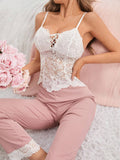 Buy SHEIN Women's Solid Color Lace Cami Top With Color Block Lace Patchwork Pants Pajama Set Pajamas Set For Woman in Pakistan