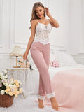 Buy SHEIN Women's Solid Color Lace Cami Top With Color Block Lace Patchwork Pants Pajama Set Pajamas Set For Woman in Pakistan