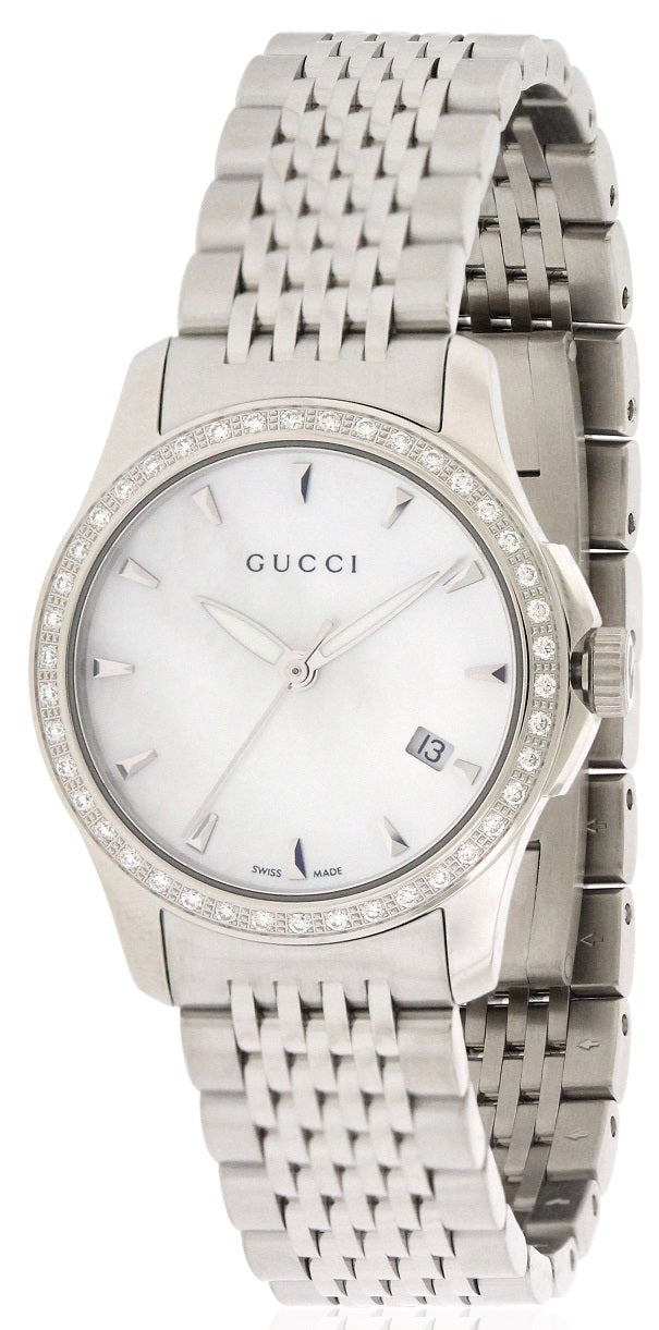 Buy Gucci G Timeless Mother of Pearl Dial with Diamonds Silver Steel Strap Watch for Women - YA126506 in Pakistan