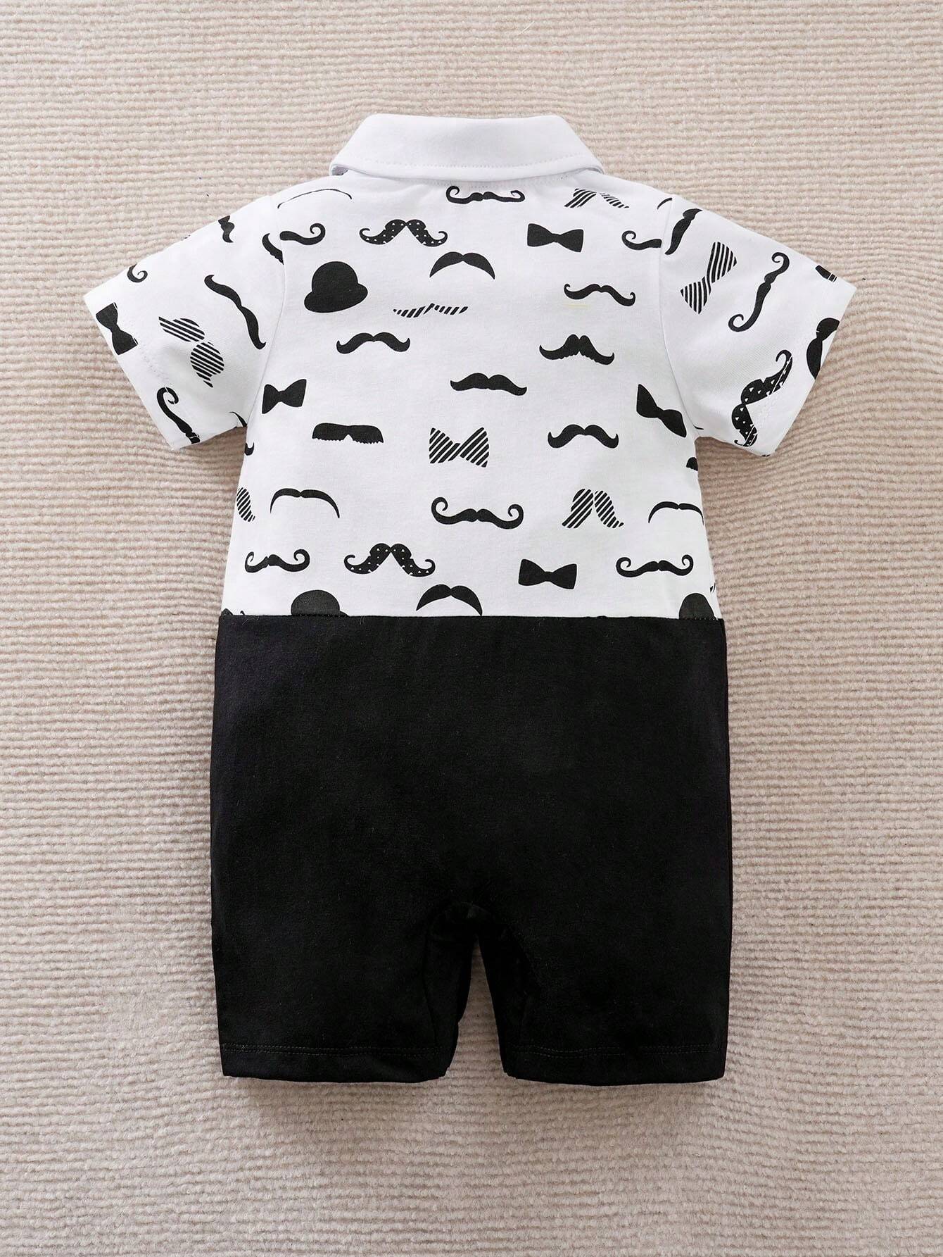 Buy SHEIN Yierying Infant Boys' Short-Sleeved Two-In-One Romper With Black Mustache Print And Bow Tie Design, Suitable For Spring/Summer Seasons in Pakistan