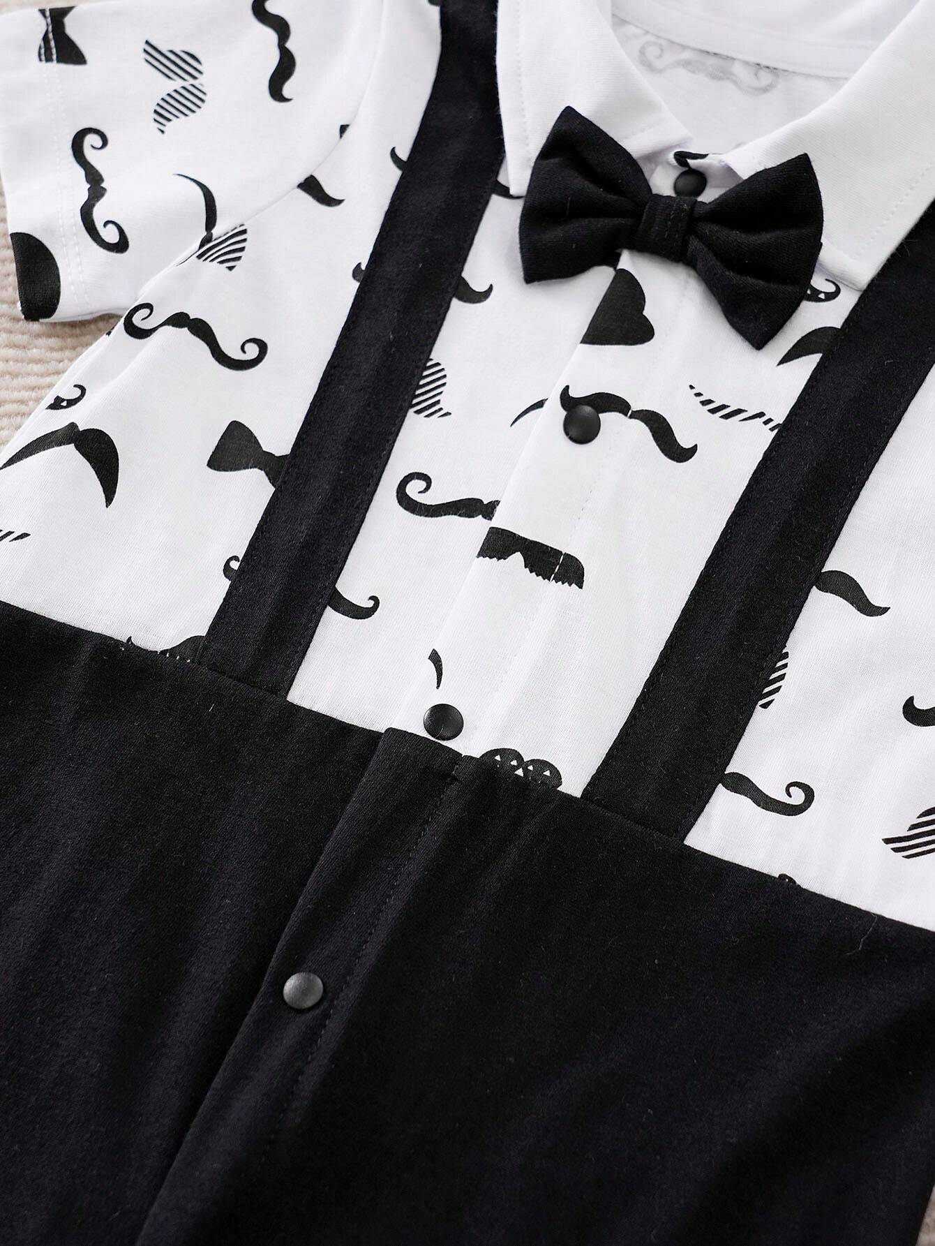 Buy SHEIN Yierying Infant Boys' Short-Sleeved Two-In-One Romper With Black Mustache Print And Bow Tie Design, Suitable For Spring/Summer Seasons in Pakistan