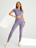 Buy SHEIN Yoga Basic Raglan Short Sleeve Crop Top And High Waist Wide Leggings Sportswear Set in Pakistan