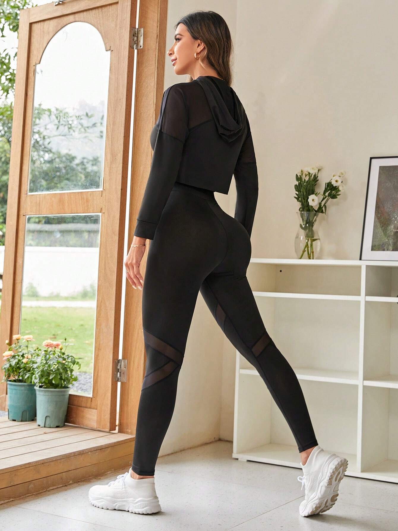 Buy SHEIN Yoga Trendy Contrast Mesh Drawstring Hooded Crop Sports Set in Pakistan
