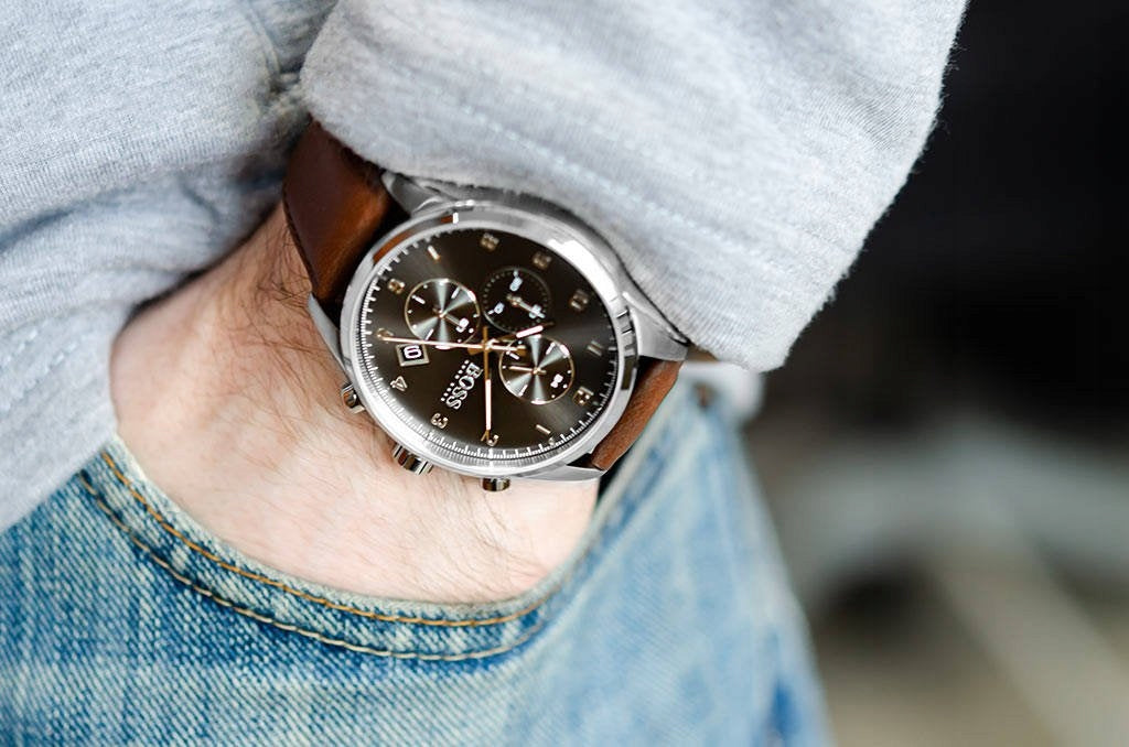 Buy Hugo Boss Mens Quartz Brown Leather Strap Grey Dial 44mm Watch - 1513787 in Pakistan