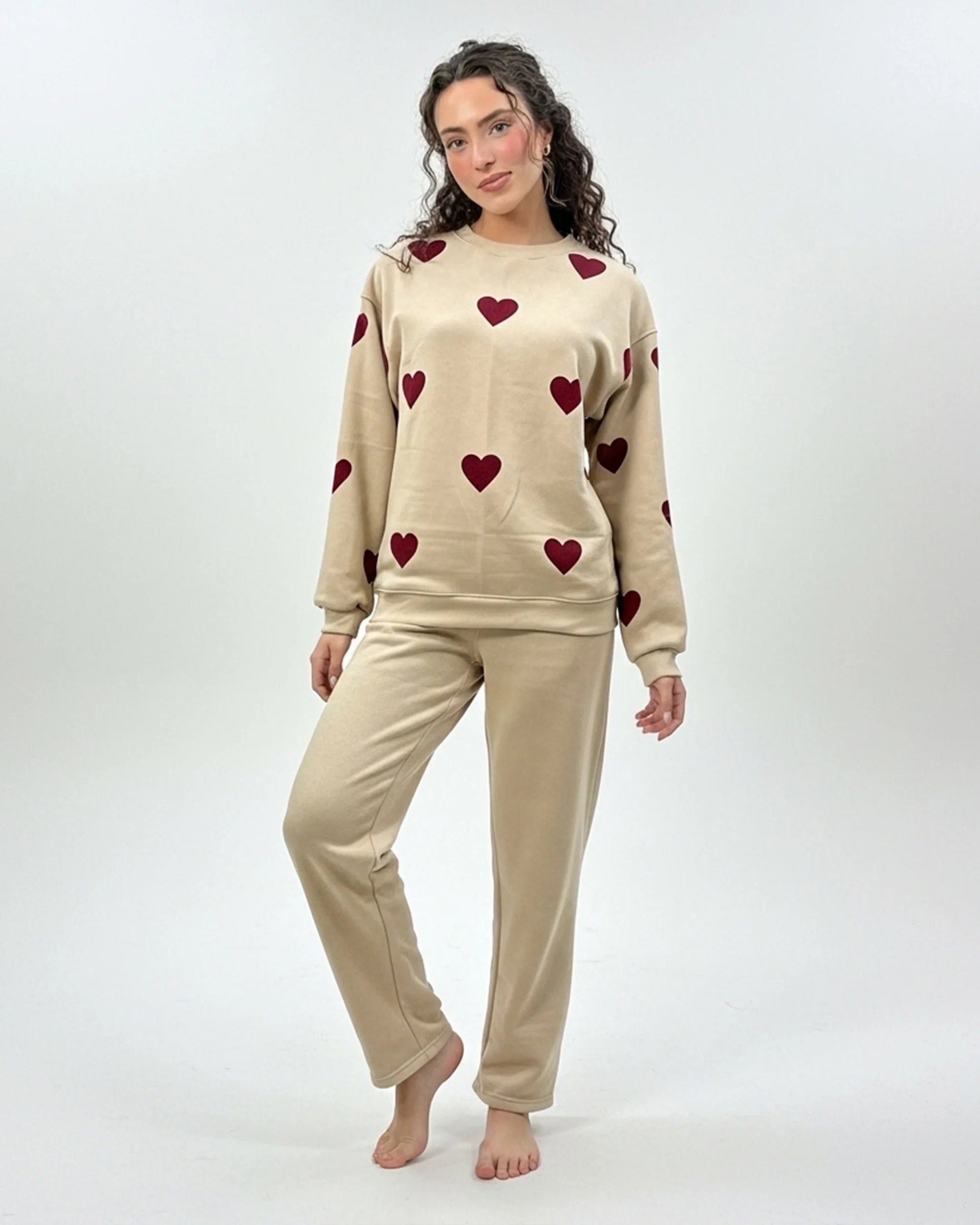 Buy Sajiero Fleece Pajama Set – Heart Cozy - Beige in Pakistan