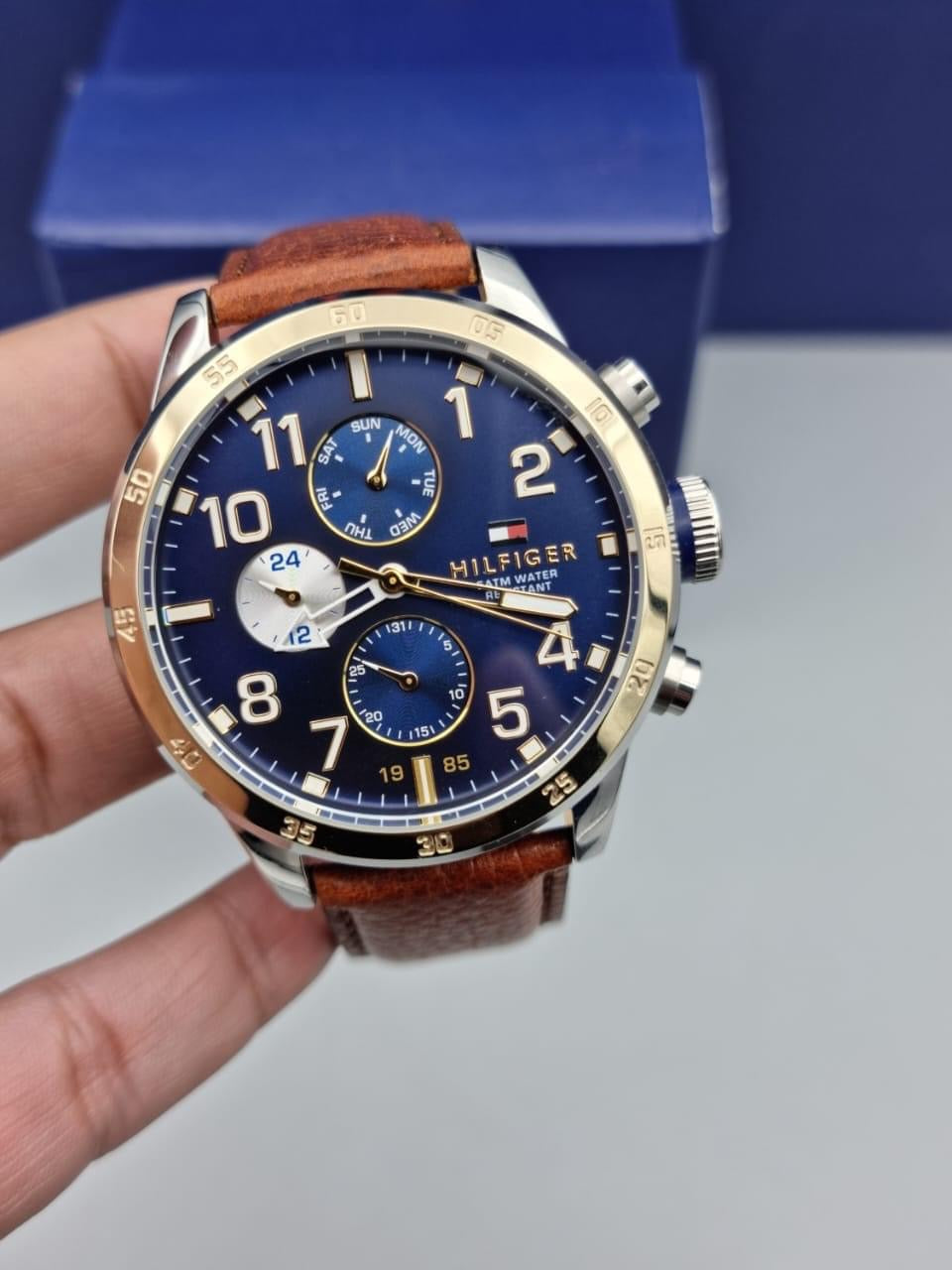 Buy Tommy Hilfiger Mens Quartz Brown Leather Strap Blue Dial 46mm Watch - 1791137 in Pakistan