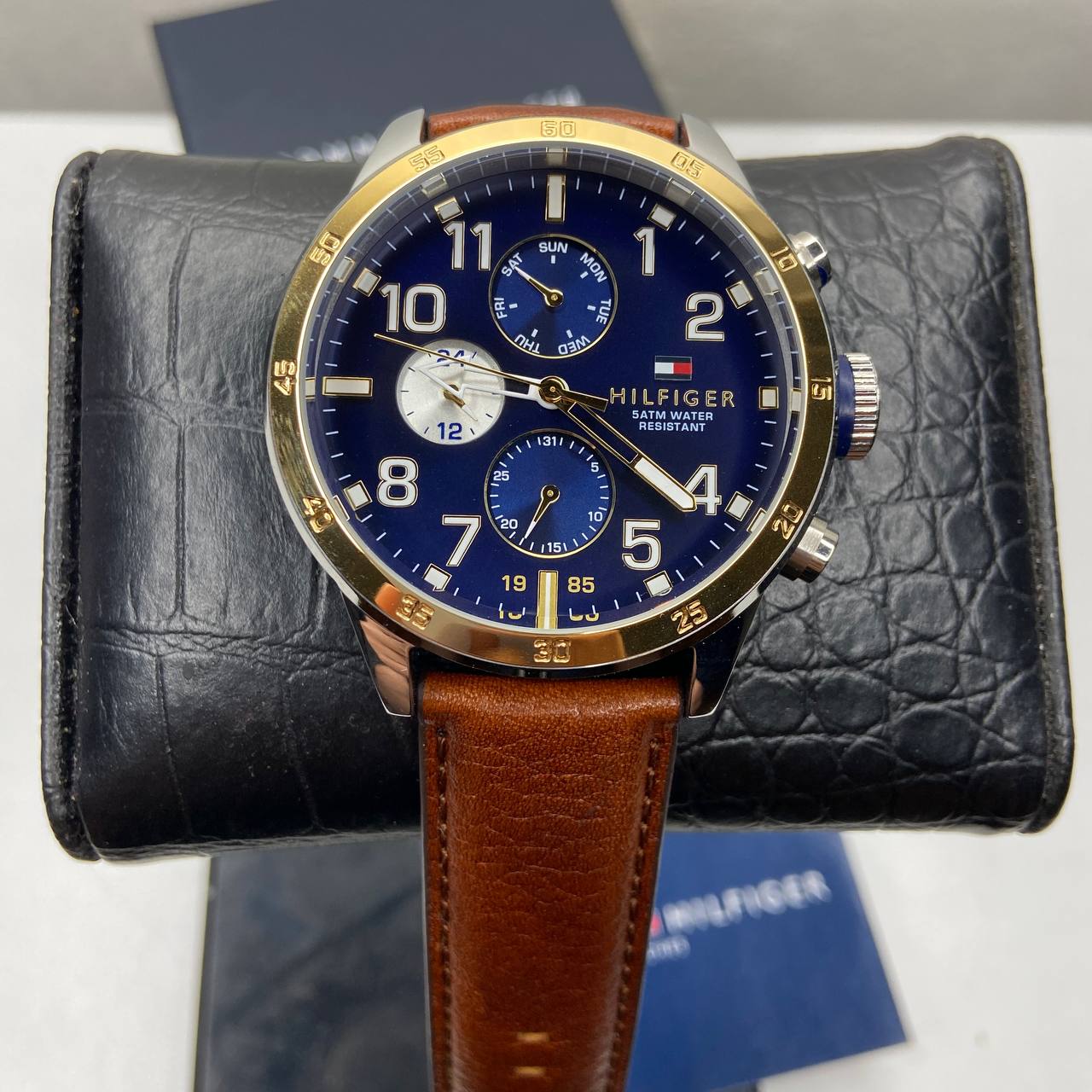Buy Tommy Hilfiger Mens Quartz Brown Leather Strap Blue Dial 46mm Watch - 1791137 in Pakistan