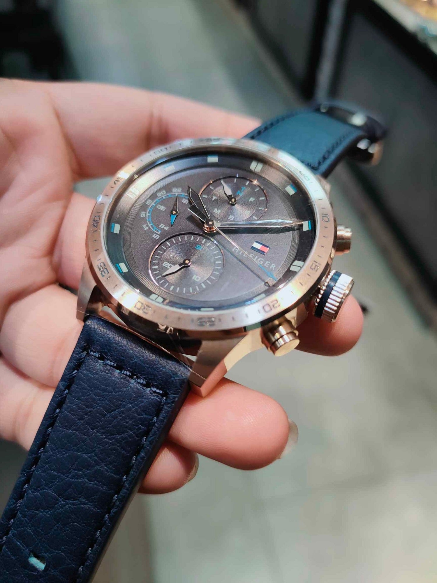 Buy Tommy Hilfiger Mens Quartz Blue Leather Strap Grey Dial 46mm Watch - 1791808 in Pakistan