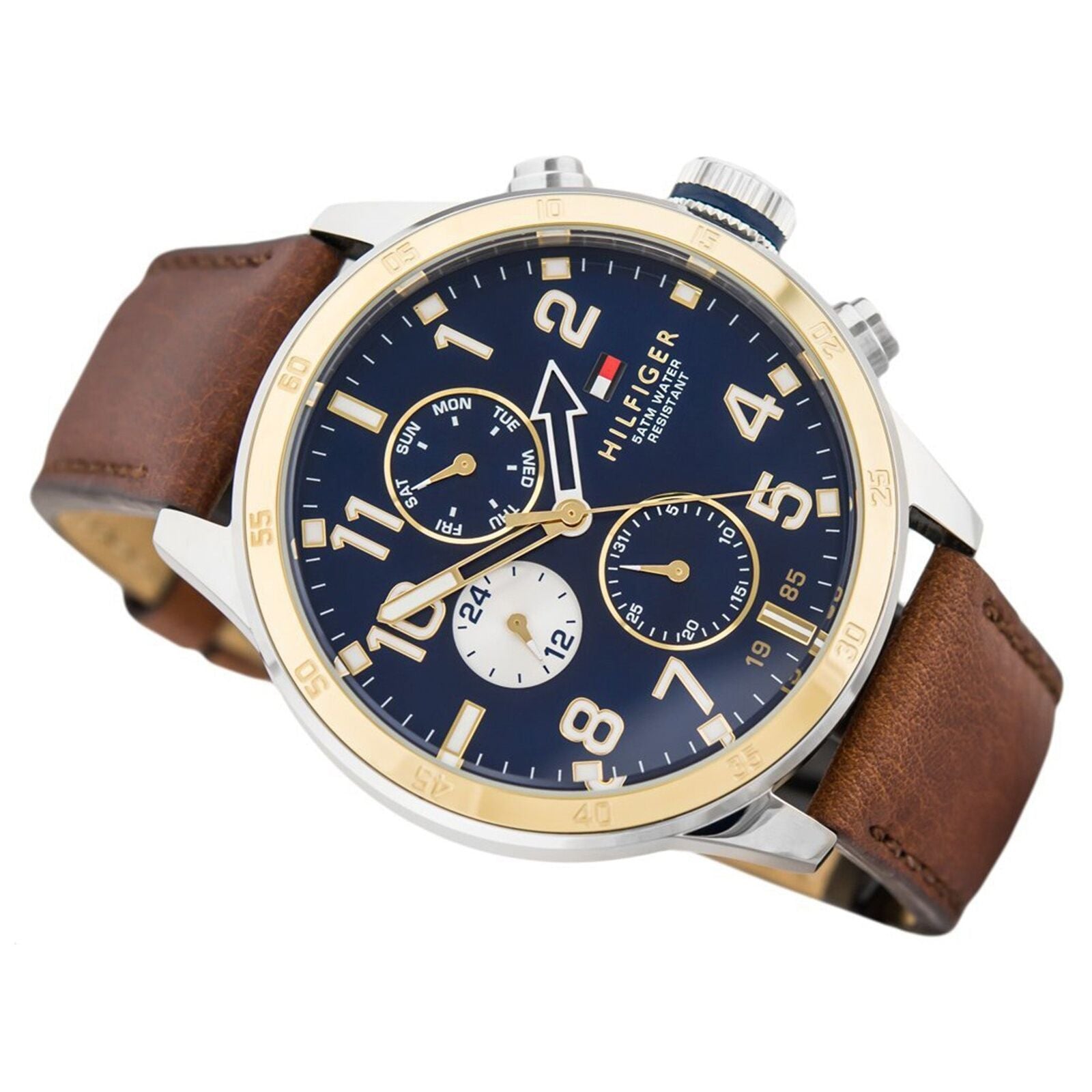 Buy Tommy Hilfiger Mens Quartz Brown Leather Strap Blue Dial 46mm Watch - 1791137 in Pakistan