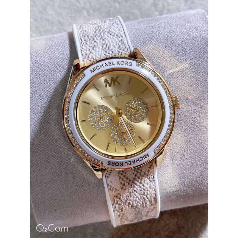 Buy Michael Kors Jessa Gold Dial with Diamonds White Leather Strap Watch for Women - MK7204 in Pakistan