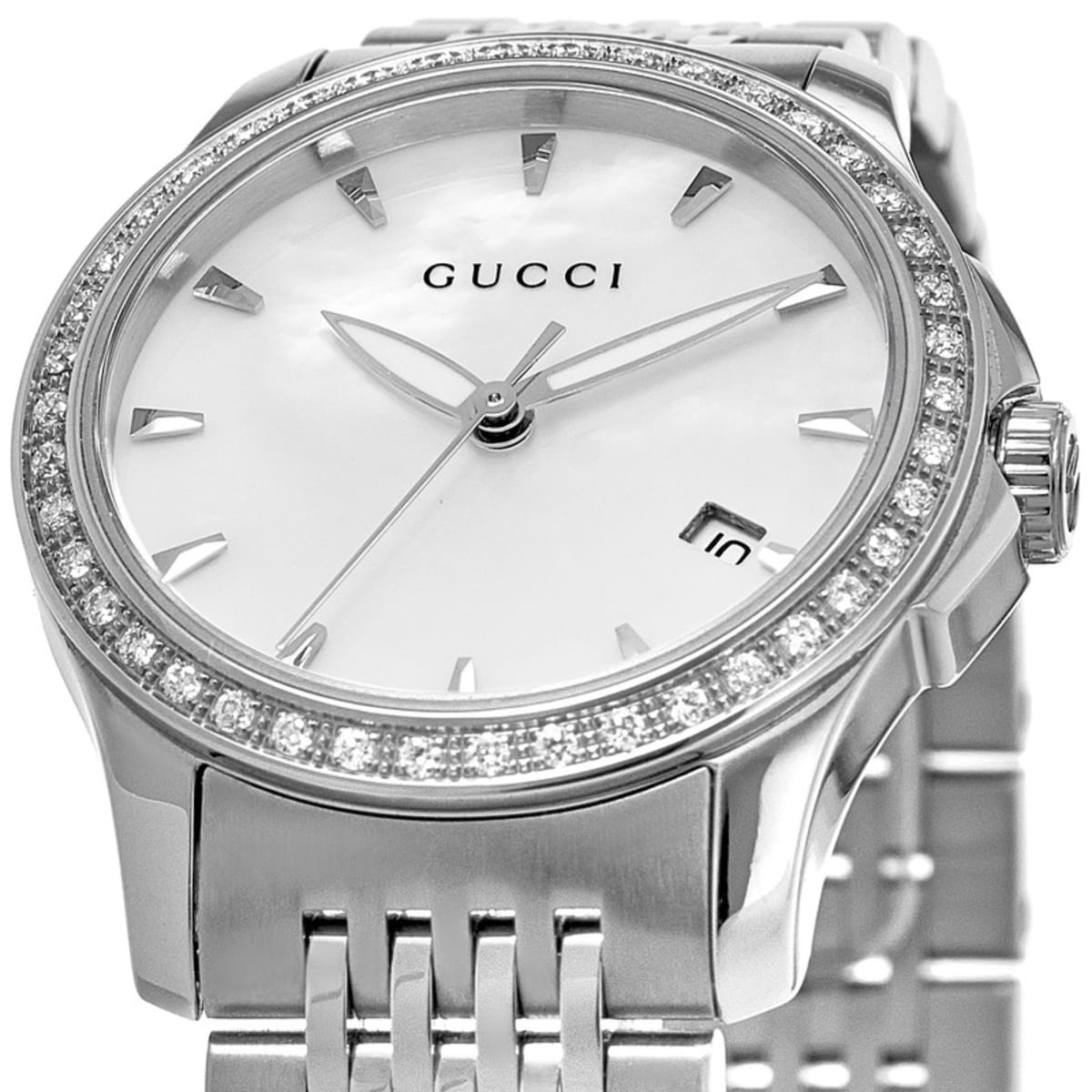 Buy Gucci G Timeless Mother of Pearl Dial with Diamonds Silver Steel Strap Watch for Women - YA126506 in Pakistan