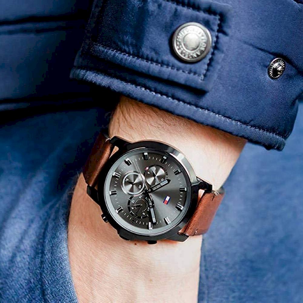 Buy Tommy Hilfiger Mens Quartz Brown Leather Strap Grey Dial 46mm Watch - 1791799 in Pakistan