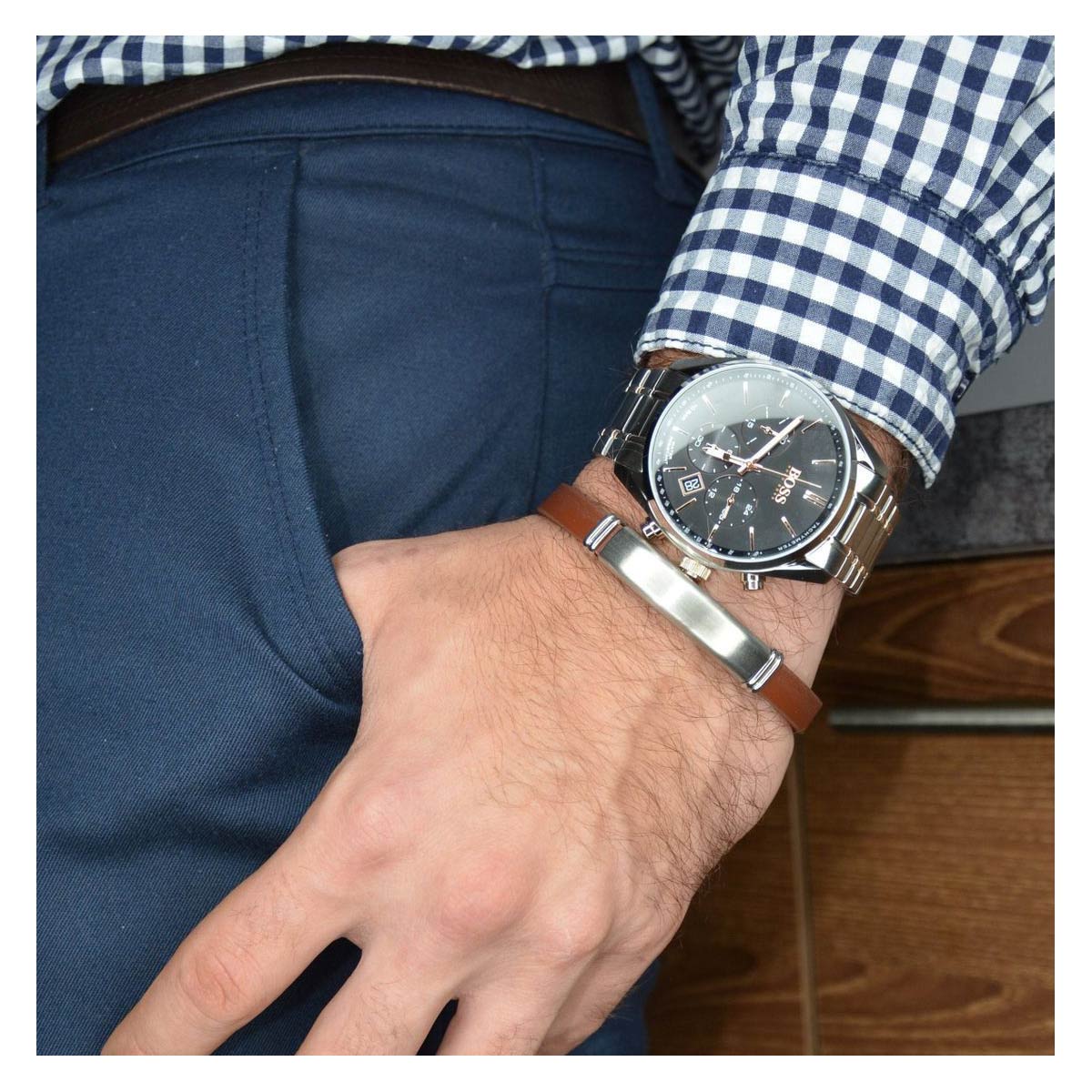Buy Hugo Boss Mens Chronograph Champion Silver Stainless Steel Black Dial 44mm Watch - 1513819 in Pakistan