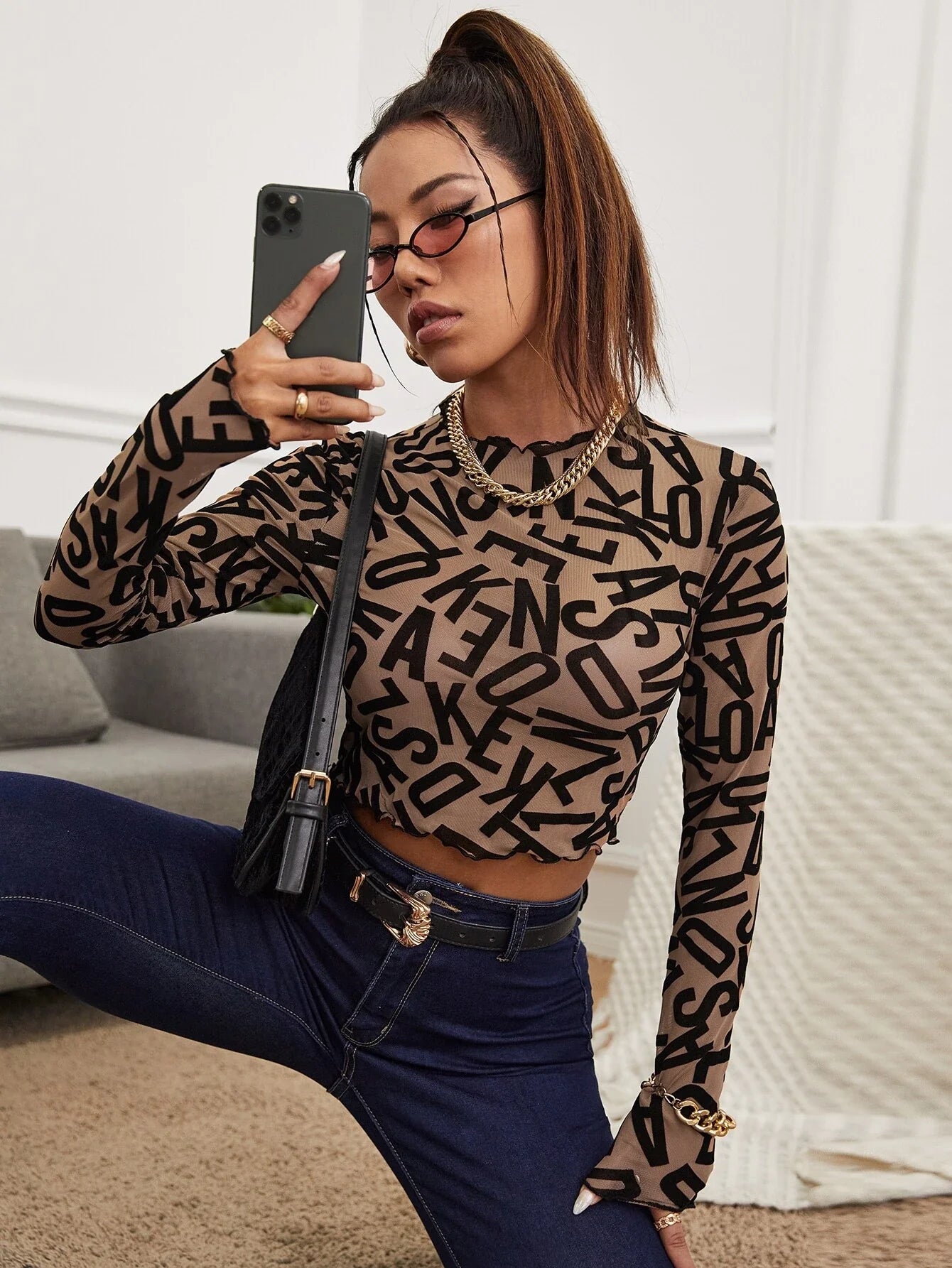 Buy Shein Unity Allover Letter Graphic Sheer Mesh Crop Top Without Bra in Pakistan