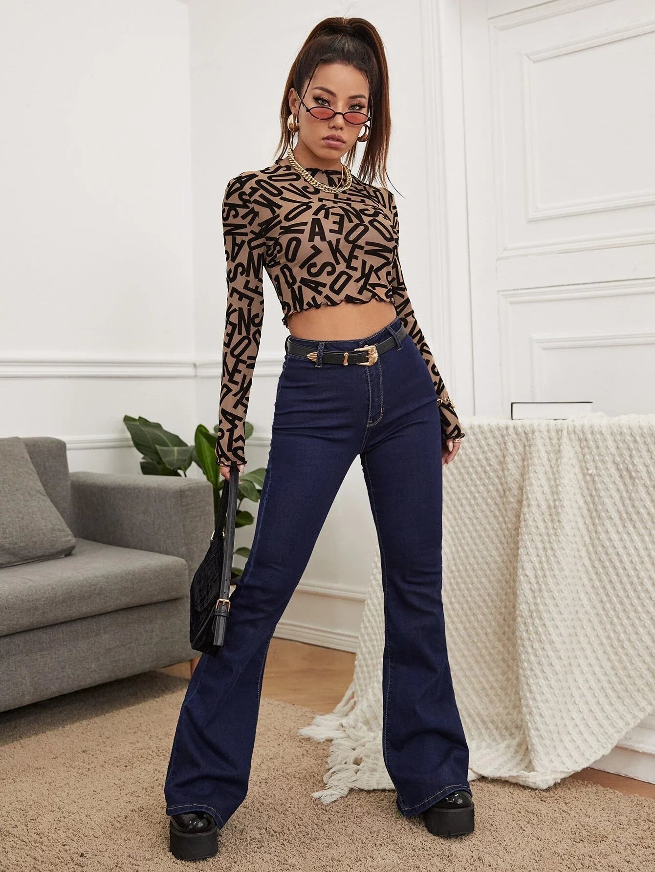 Buy Shein Unity Allover Letter Graphic Sheer Mesh Crop Top Without Bra in Pakistan
