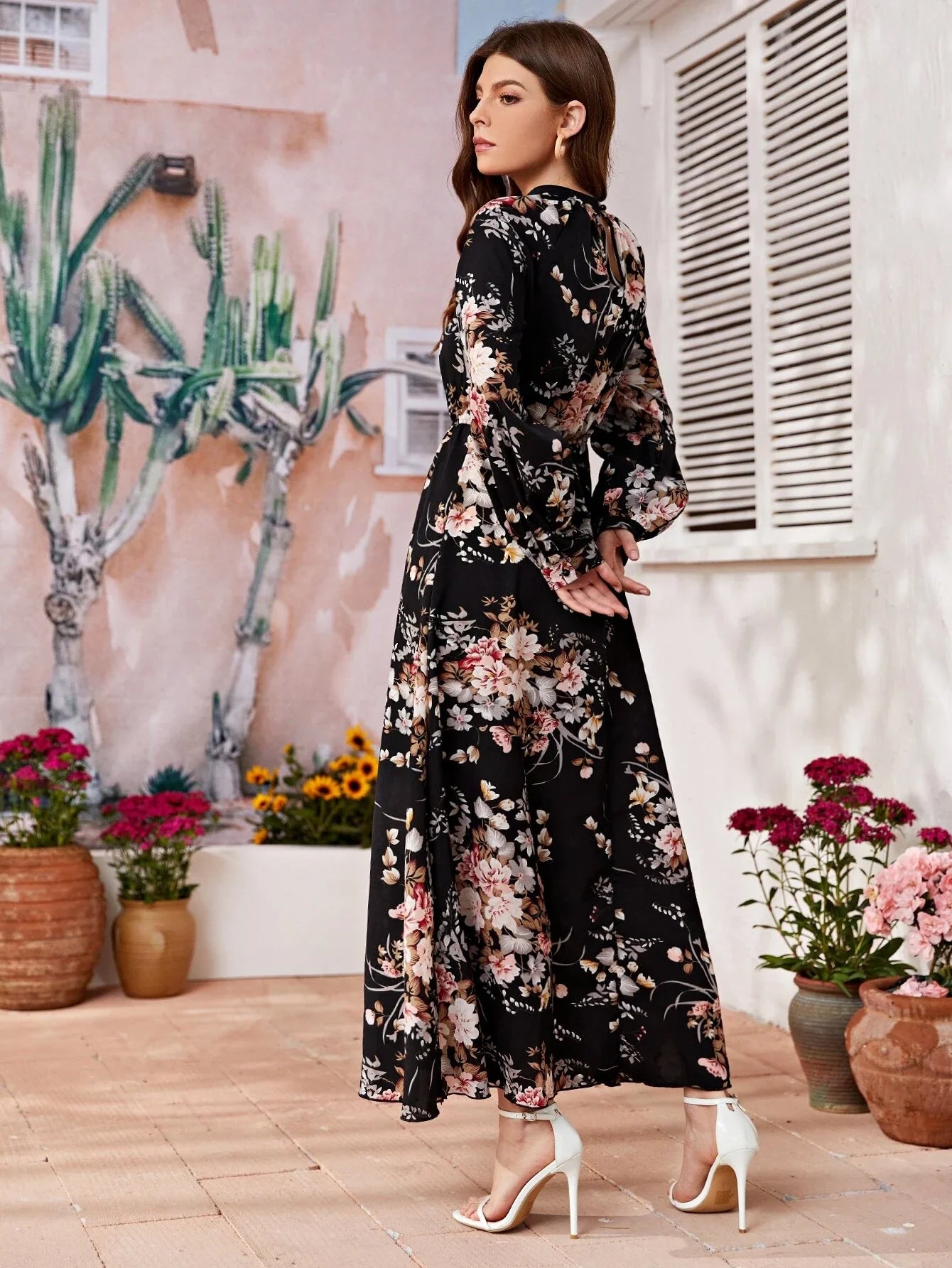 Buy Shein Allover Floral Mock Neck Keyhole Back Dress in Pakistan