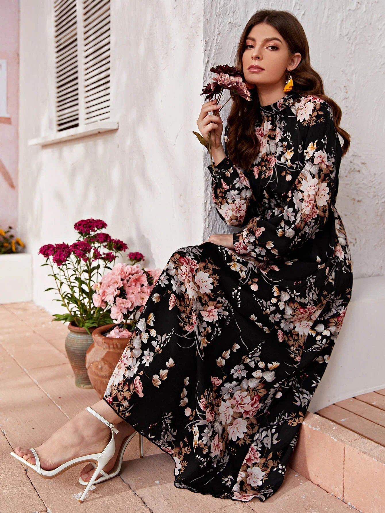 Buy Shein Allover Floral Mock Neck Keyhole Back Dress in Pakistan