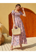 Buy Shein Floral Square Neck Shirred A-line Dress - Large Dusty Pink in Pakistan