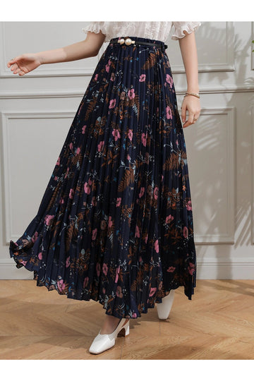 Buy Shein Allover Floral Belted Pleated Skirt - Large Navy Blue in Pakistan
