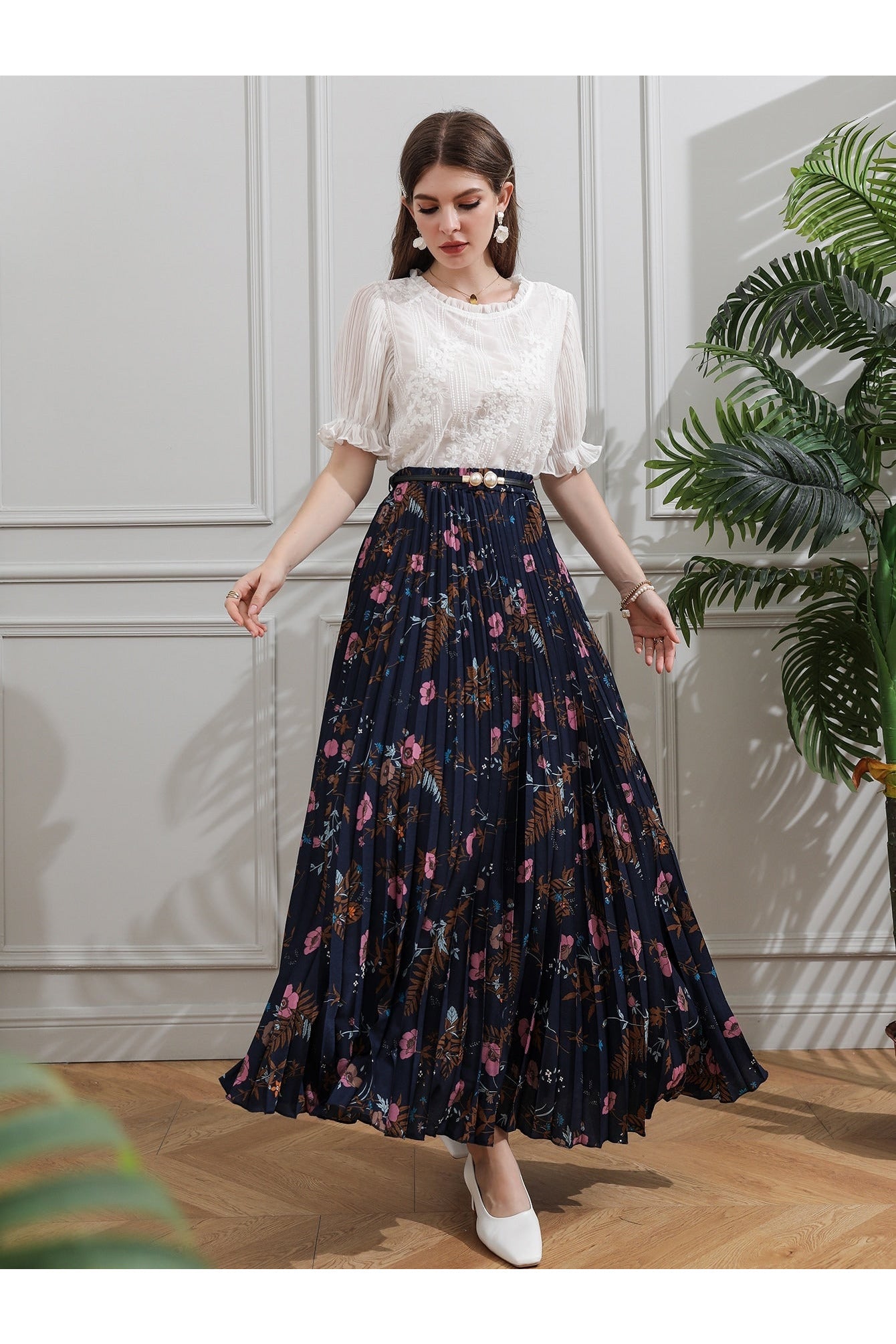 Buy Shein Allover Floral Belted Pleated Skirt - Large Navy Blue in Pakistan