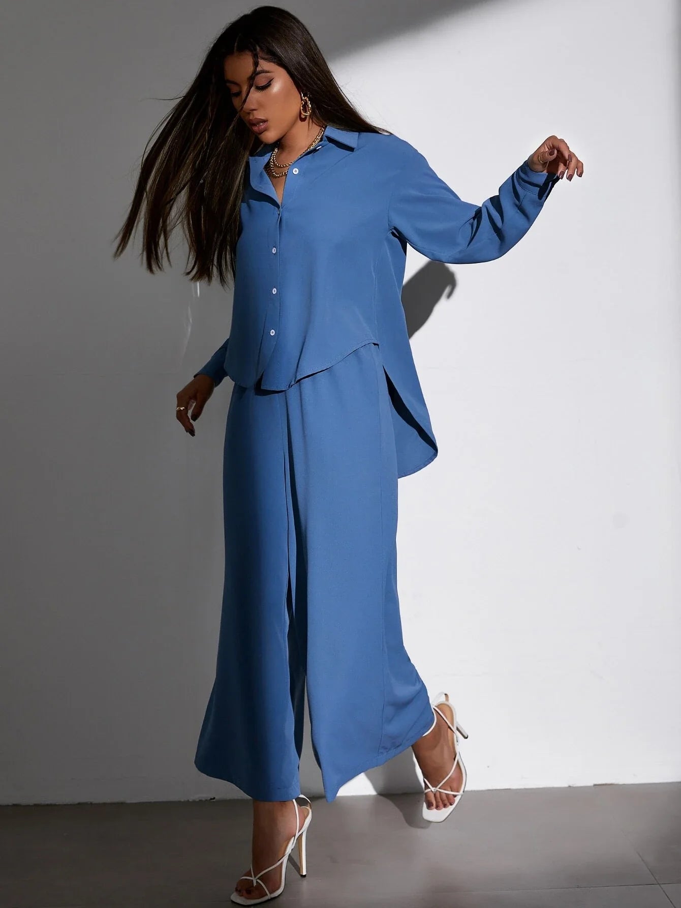 Buy Shein Bae High Low Blouse & Wide Leg Pants Set in Pakistan