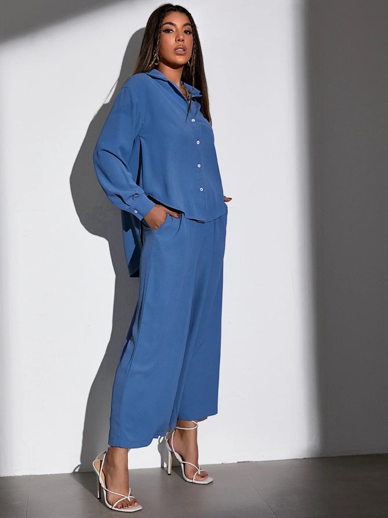 Buy Shein Bae High Low Blouse & Wide Leg Pants Set in Pakistan