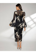 Buy SHEIN Floral Print Bell Sleeve Split Back Dress - Large Black in Pakistan
