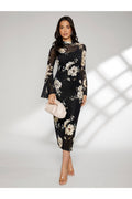 Buy SHEIN Floral Print Bell Sleeve Split Back Dress - Large Black in Pakistan