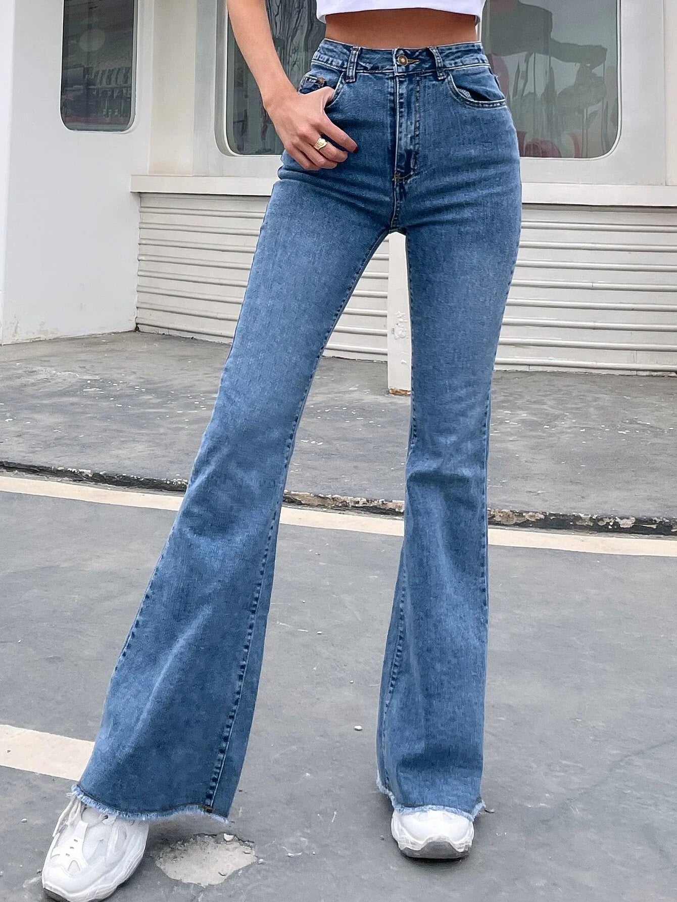 Buy Shein High Rise Raw Hem Flare Jeans in Pakistan