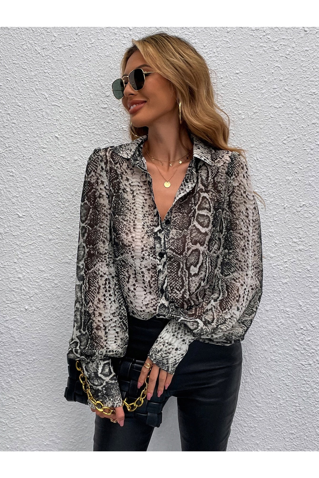 Buy Shein Snakeskin Print Bishop Sleeve Blouse - Medium in Pakistan