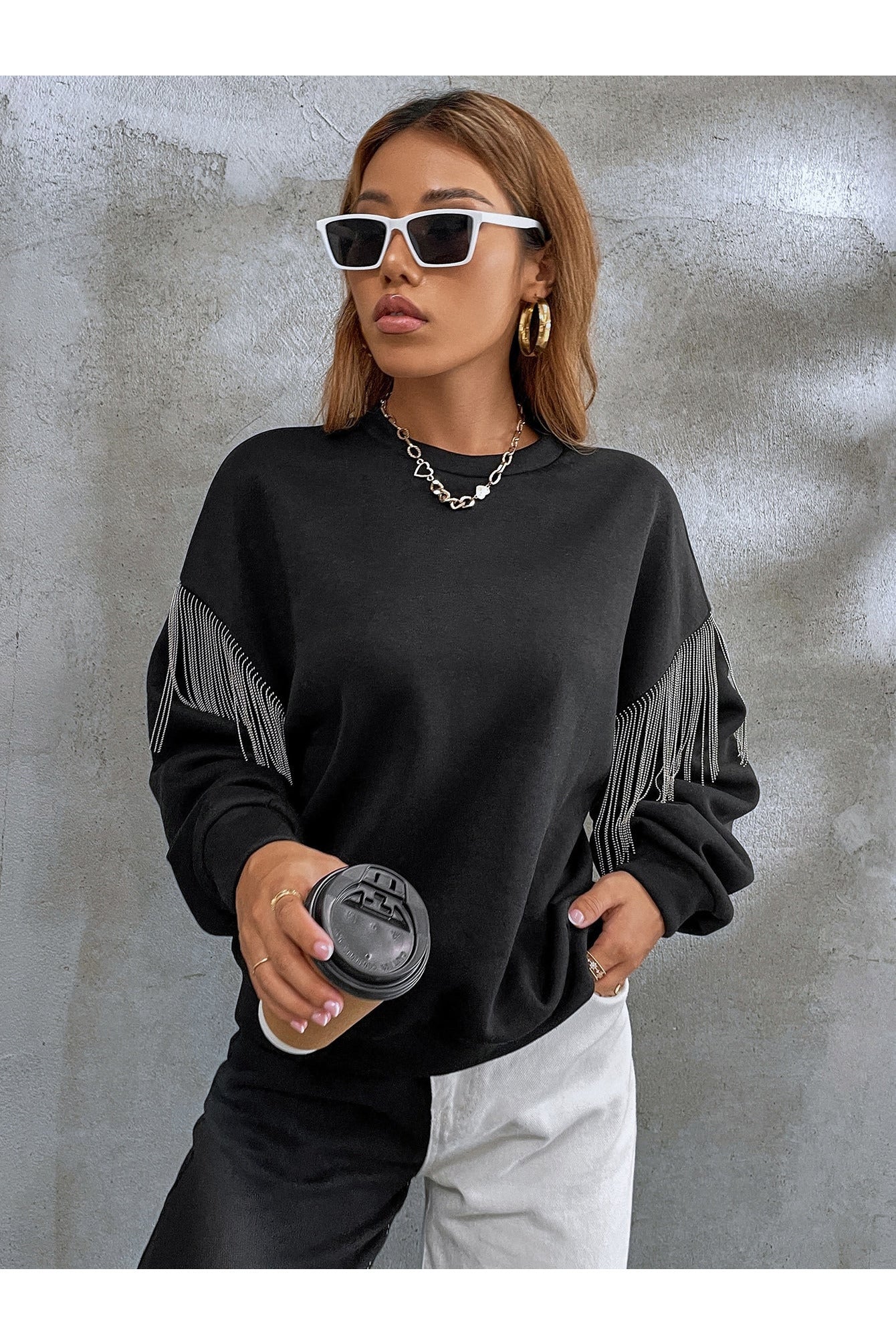 Buy Shein EZwear Solid Fringe Detail Drop Shoulder Sweatshirt - Small in Pakistan