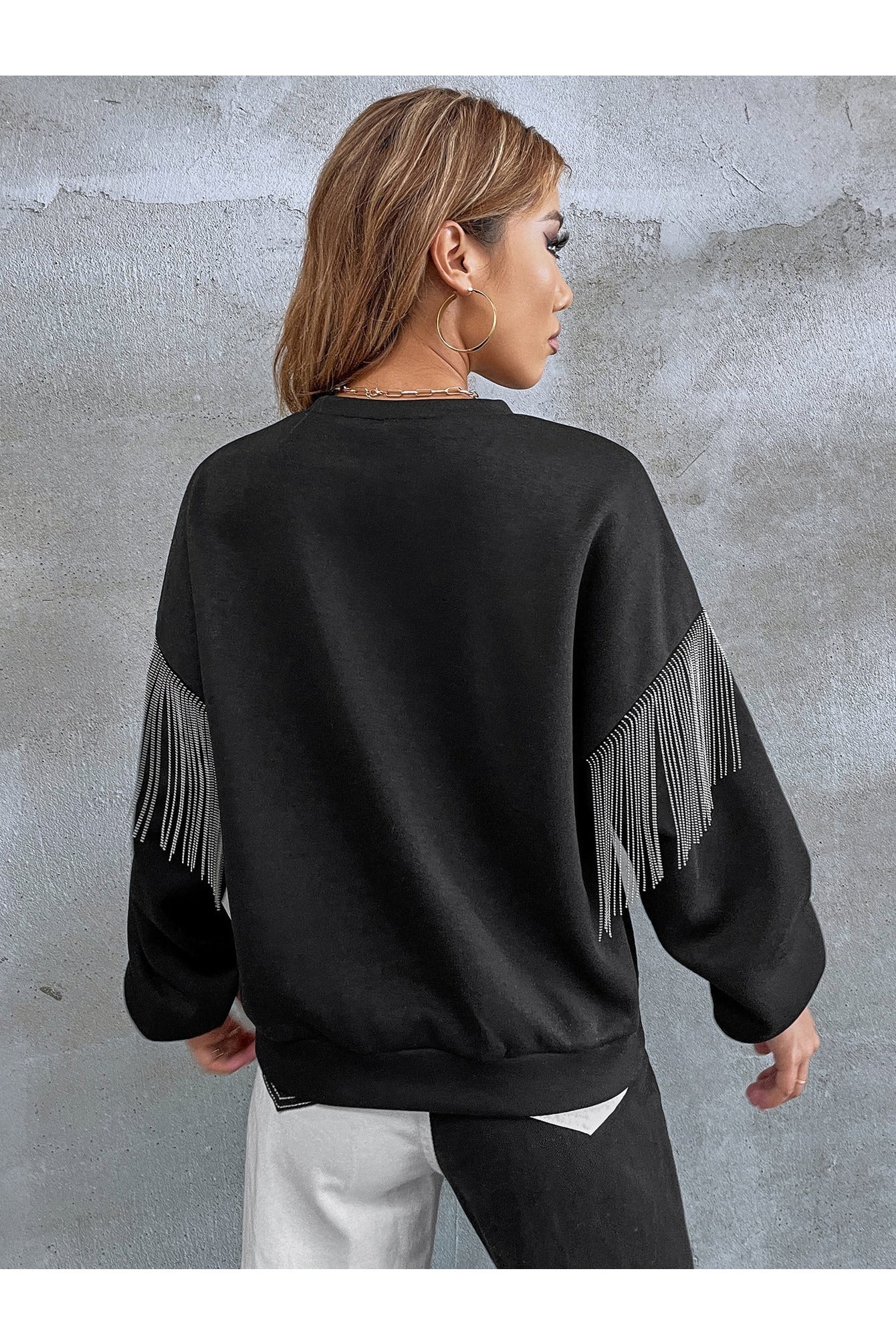 Buy Shein EZwear Solid Fringe Detail Drop Shoulder Sweatshirt - Small in Pakistan