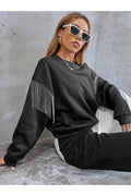 Buy Shein EZwear Solid Fringe Detail Drop Shoulder Sweatshirt - Small in Pakistan