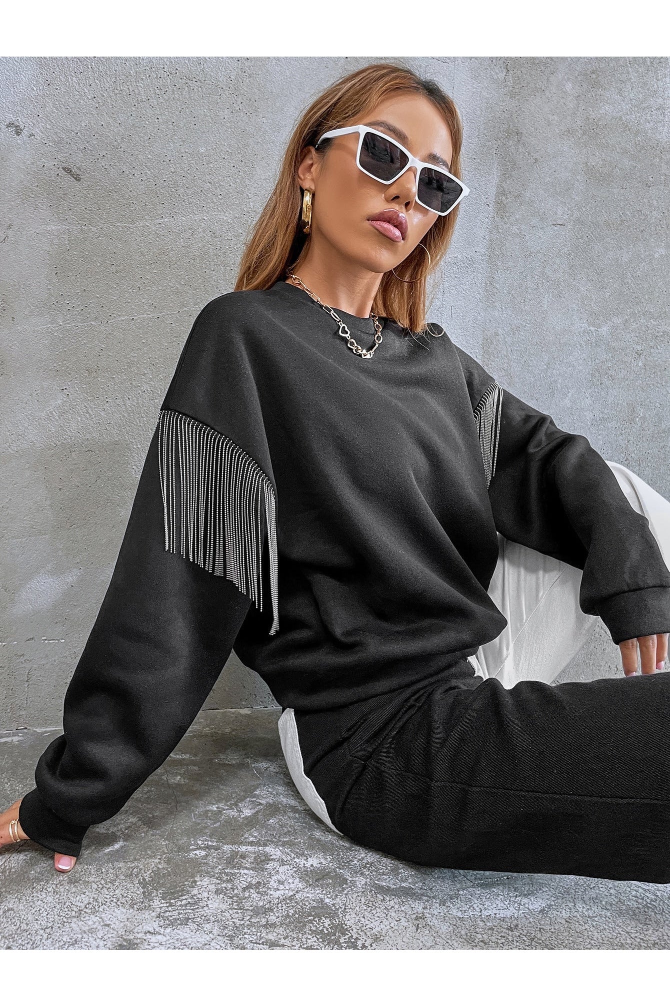 Buy Shein EZwear Solid Fringe Detail Drop Shoulder Sweatshirt - Small in Pakistan