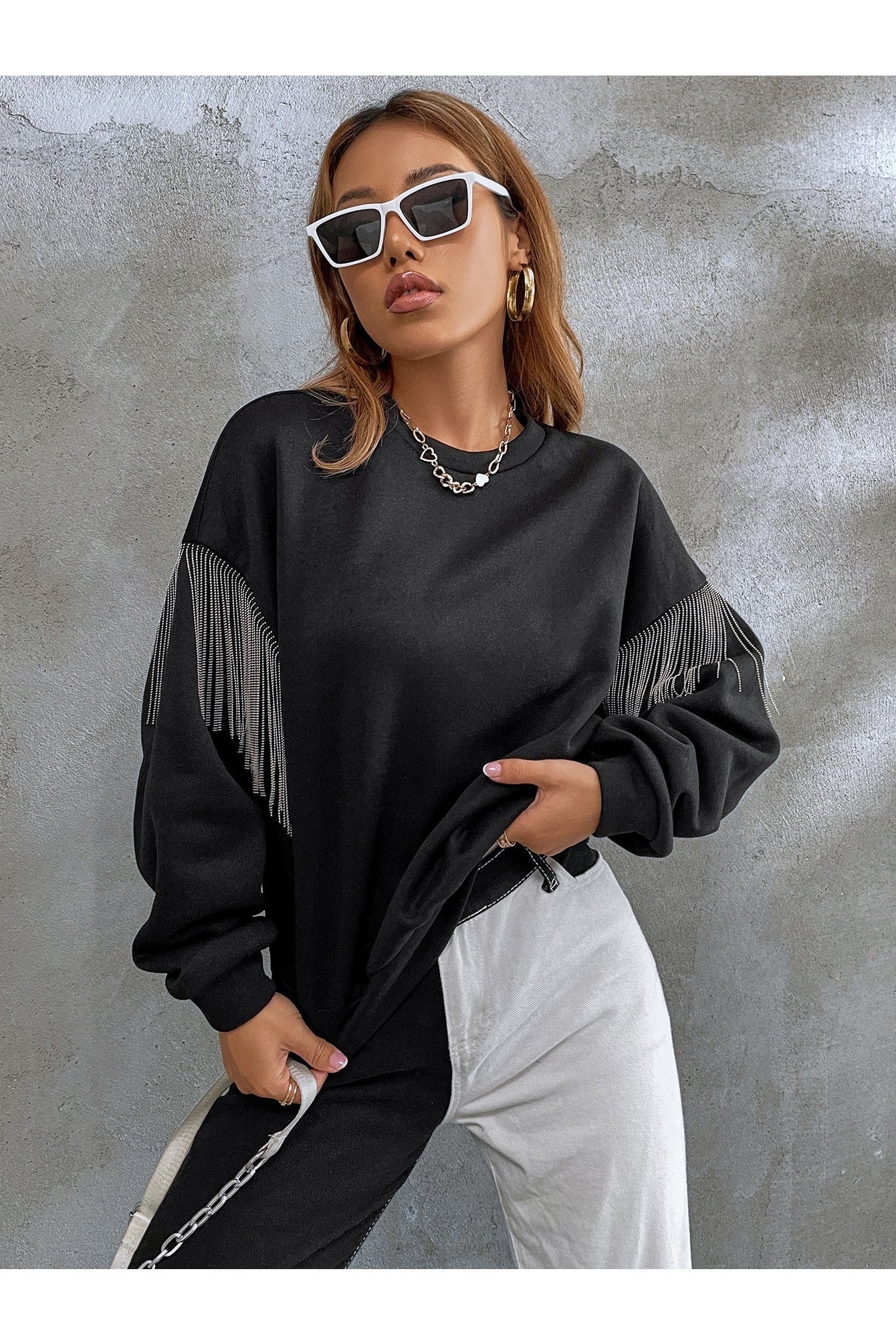 Buy Shein EZwear Solid Fringe Detail Drop Shoulder Sweatshirt - Small in Pakistan