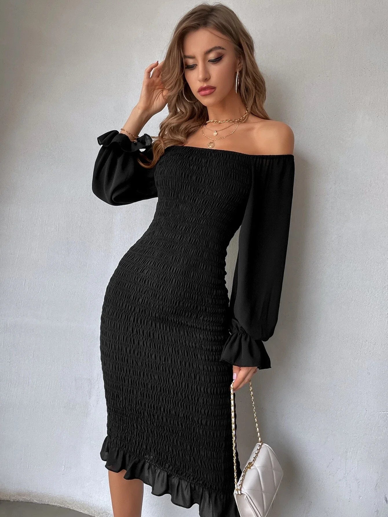 Buy Shein Off Shoulder Flounce Sleeve Ruffle Hem Shirred Chiffon Bodycon Dress in Pakistan