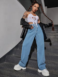 Buy Shein Fire Print Raw Hem Straight Leg Jeans in Pakistan