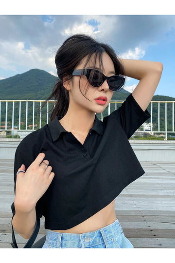 Buy Shein DAZY Solid Button Front Crop Tee in Pakistan