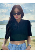 Buy Shein DAZY Solid Button Front Crop Tee in Pakistan
