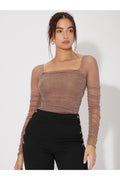 Buy SHEIN Mesh Panel Ruched Glitter Top in Pakistan