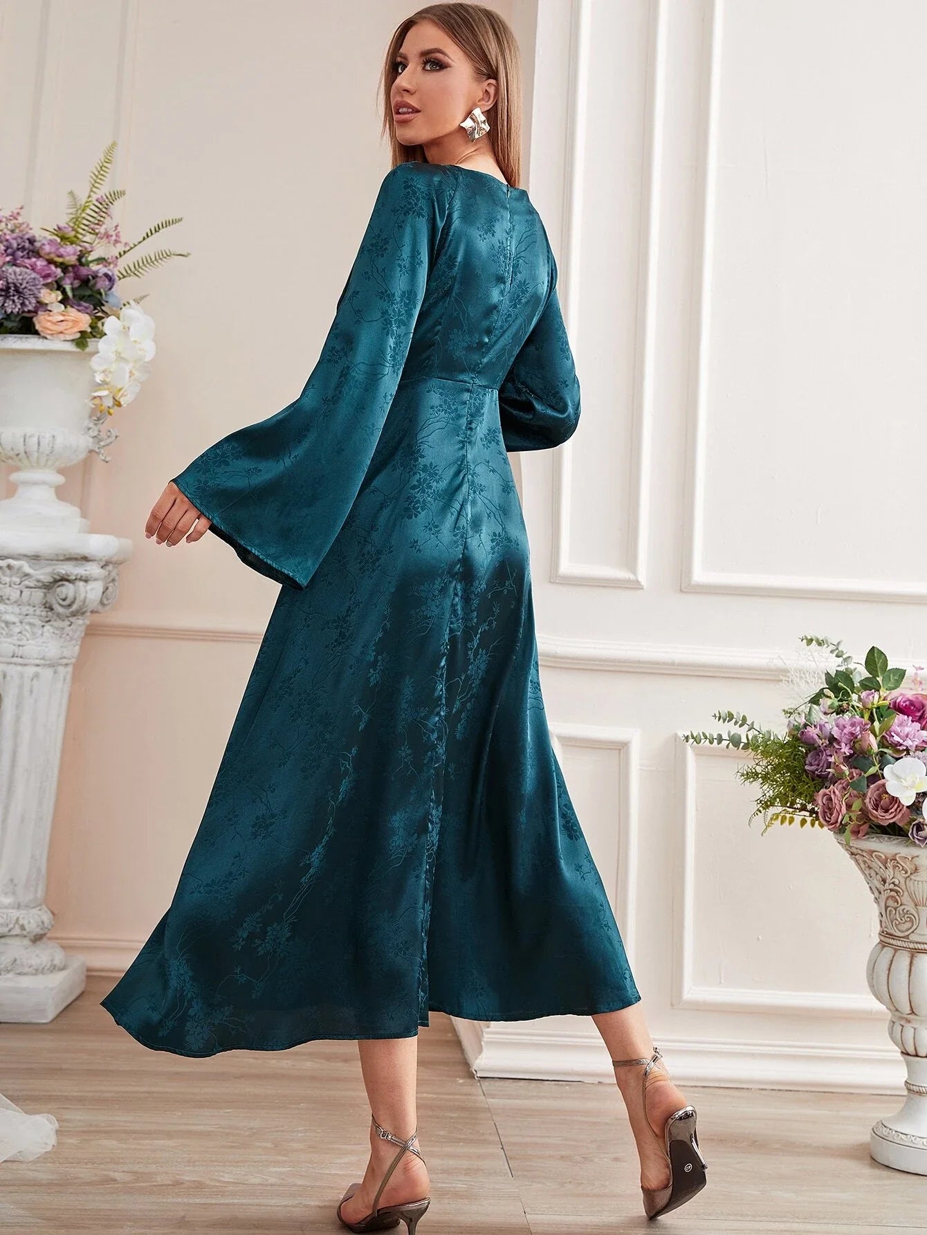 Buy Shein Emery Rose Jacquard Trumpet Sleeve Knot Front Dress in Pakistan