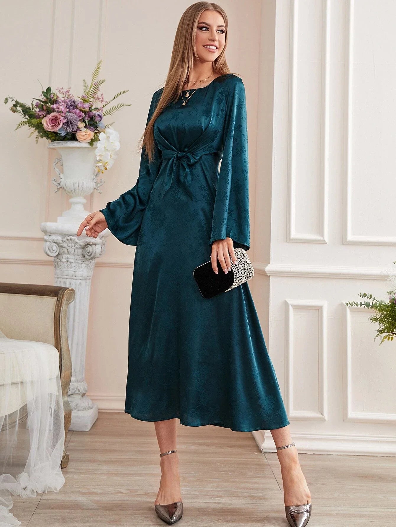 Buy Shein Emery Rose Jacquard Trumpet Sleeve Knot Front Dress in Pakistan