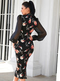 Buy Shein Modely Floral Print Contrast Mesh Lantern Sleeve Slit Back Bodycon Dress in Pakistan