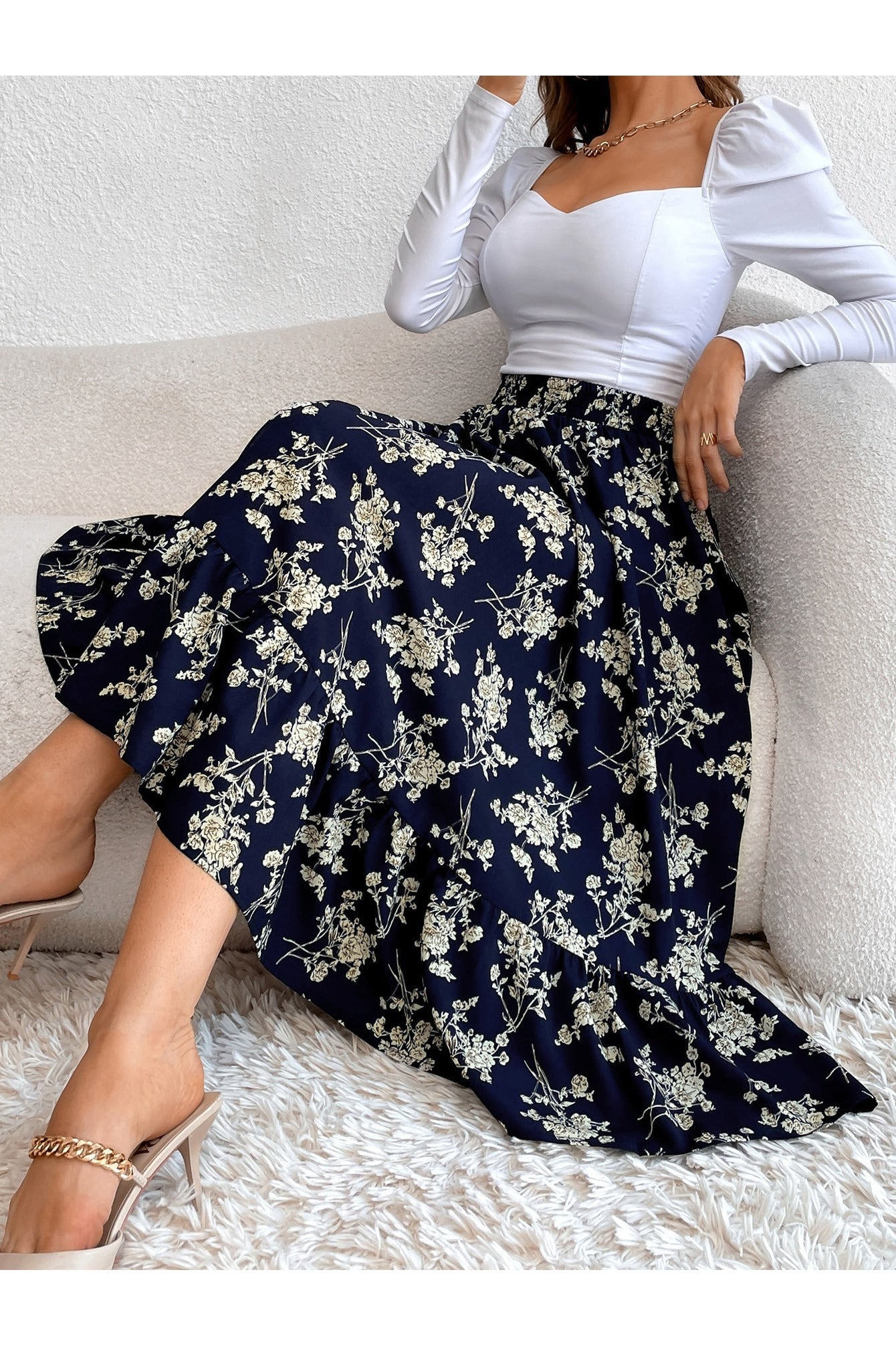 Buy Shein Allover Floral Print Ruffle Hem Skirt - Large in Pakistan