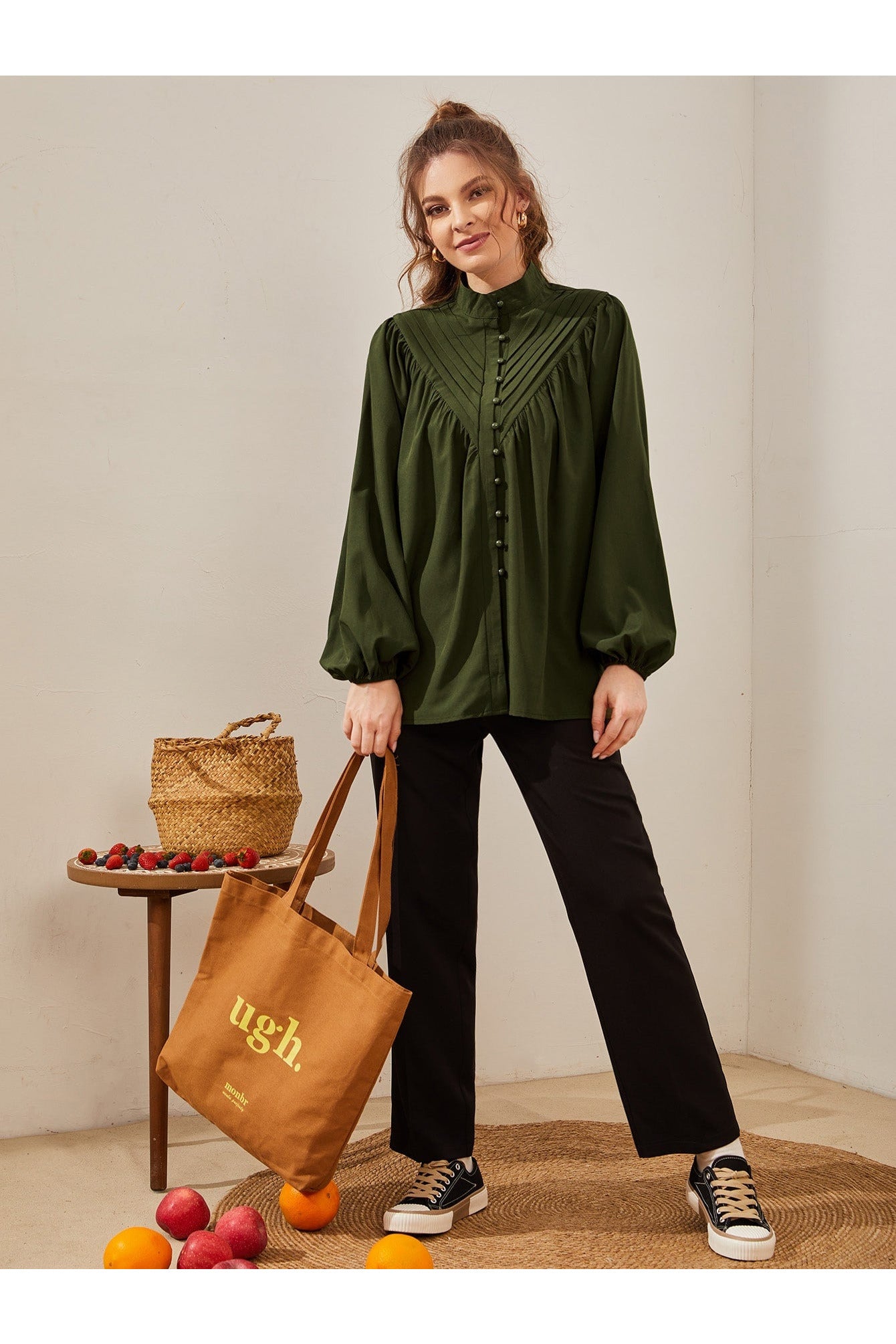 Buy Shein Fold Pleated Lantern Sleeve Blouse - Small in Pakistan