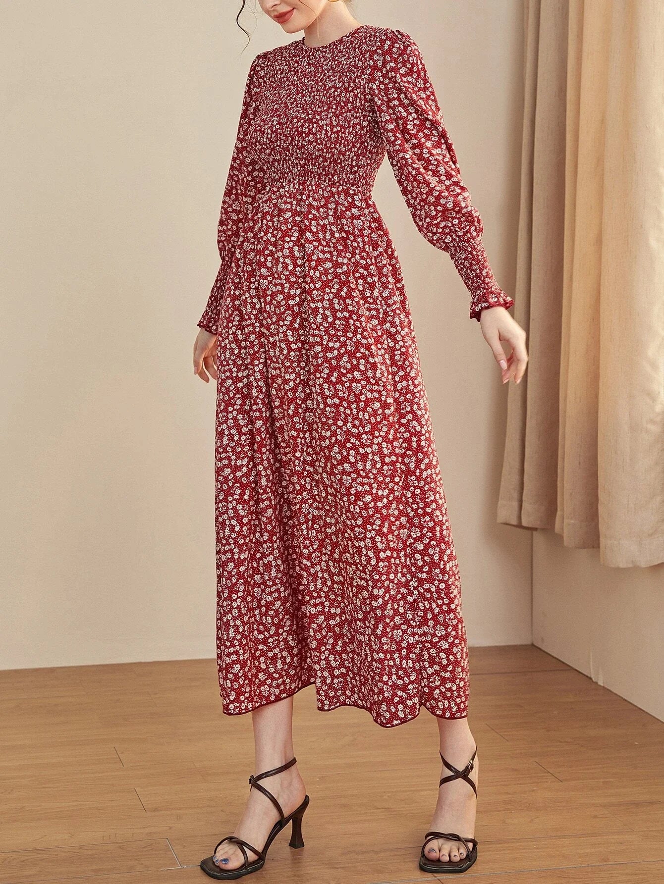 Buy Shein Mulvari Ditsy Floral Puff Sleeve Shirred A Line Dress in Pakistan