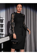 Buy Shein Mock Neck Contrast Lace Belted Dress - Large Black in Pakistan