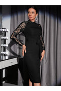 Buy Shein Mock Neck Contrast Lace Belted Dress - Large Black in Pakistan