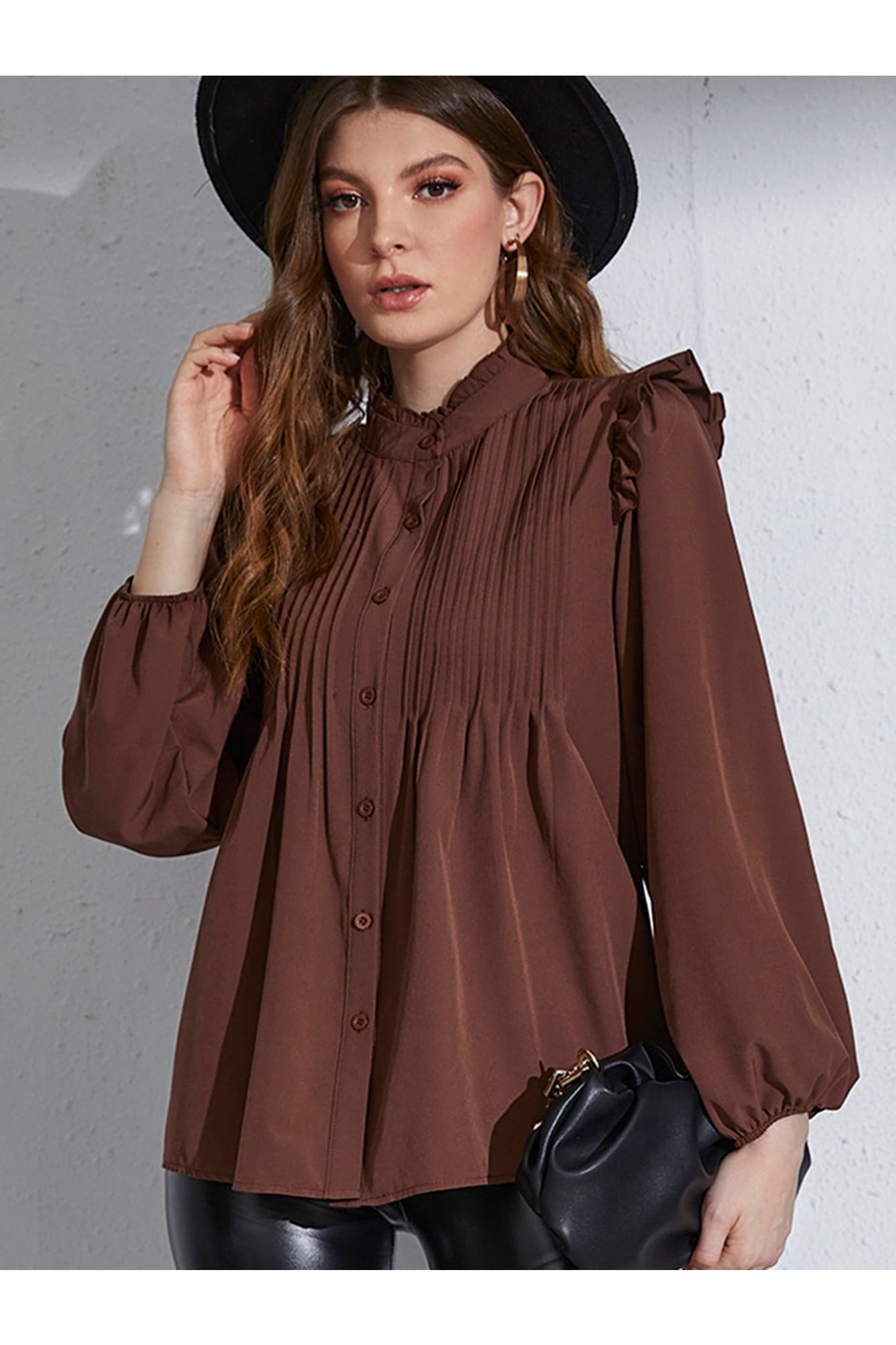 Buy Shein Frill Neck Pleated Button Up Blouse - Small in Pakistan